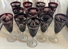 Set of 12 Bohemian Crystal Ruby Red Cut to Clear Wine Stemware Goblets 7-inch