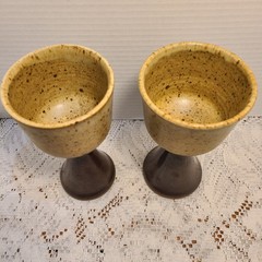 Vintage Studio Art Pottery Wine Goblets Chalices Speckled Brown Set Of 2 Signed