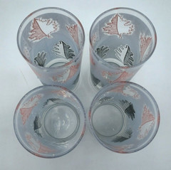 Vintage Libbey Frosted Pink Black Leaf Tom Collins Tumblers Glasses Set 4 Bar