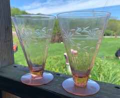 Vintage Pink Depression Glass Parfait Tumblers Floral Etched Pair