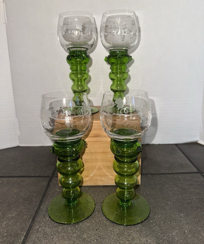 Antique German Theresienthal Barvaria Green Ribbed Baluster Stem Wine Glasses 4