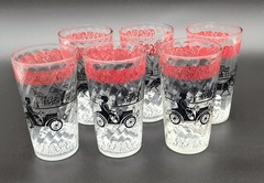 (6) Vintage Hazel-Atlas Red/Black/White Horse Buggies Carriage Car Tumblers