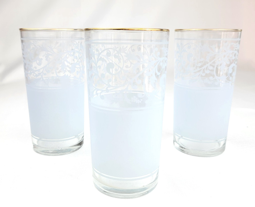 Vintage MCM Libbey Frosted White & Clear Drinking Glasses Gold Rim – Set of 3