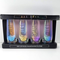 Rae Dunn by Enchante Collection TOAST-CHEER Set of 4 Champagne Flutes Iridescent