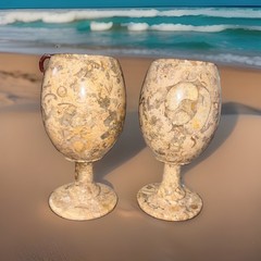 Vtg Fossil Stone Wine Goblets 5” Hand Carved Marble/ Limestone Chalices Set 2