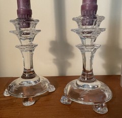 Set of 2 etched glass footed candlesticks 5.5” tall -Vintage