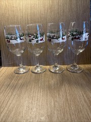 4 Libbey Winter Scene Glass Glasses Wine Vtg Christmas Holiday Houses Tree Snow