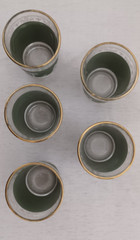 VTG Jeanette Glass Wedgwood Green Hellenic Rock Glasses Set of 5 W/Gold Trim