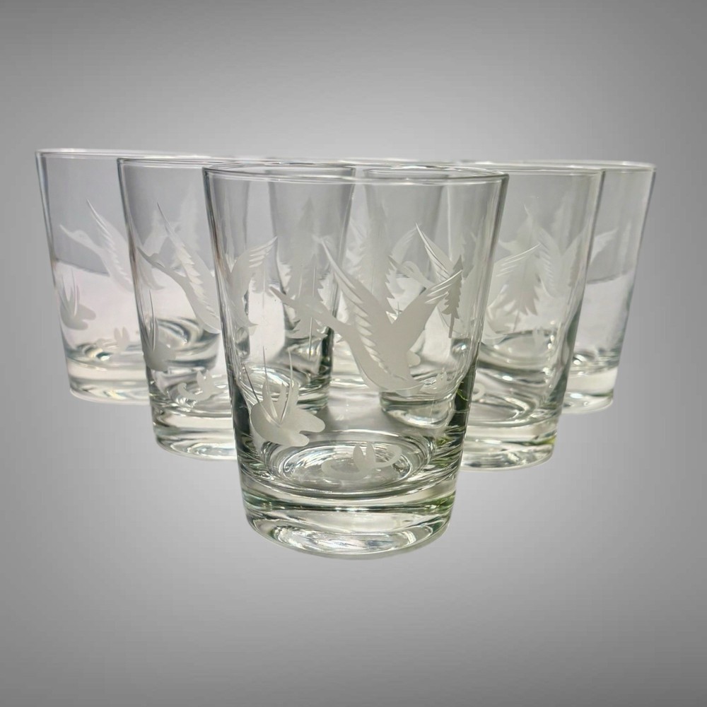 Vintage Lot Of 6 Etched Goose Duck Tree Clear Drink Bar Lowball Glasses