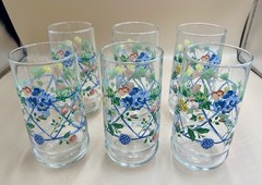 Set Of 6 Vintage 6” Water Glasses Blue Gate Fence Trellis W/ Flowers Vines MCM