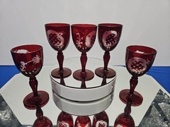 (5) WINE glasses Goblets 5″, bohemian Ruby red flashed & engraved cut to clear