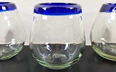 (4) Pier 1 Cobalt Rim Stemless Wine Glasses Set Clear Mexican Hand Blown Art Lot