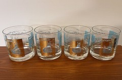 4 Mid Century Gold Teal Riverboat Southern Comfort Double Old Fashioned Glasses
