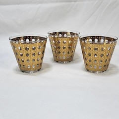 Culver Cane Gold Rocks Glasses Set of 3 Mid Century Modern Gold Barware Vintage