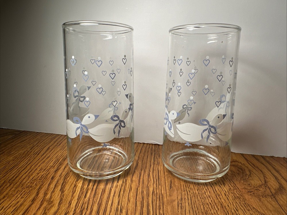 2 Vtg Libbey Drinking Glasses Country White Goose Geese Duck Blue Ribbon Bow