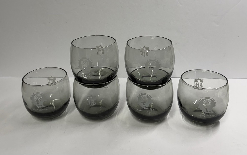 Set of 6 Vtg Miami Dolphins Smokey Gray Roly Poly Round Cocktail Glasses 8 oz