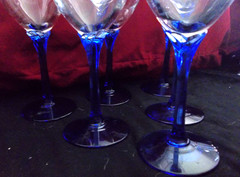 Set of 6 Cobalt Blue Stem Flat Base Wine Glasses with Clear Top