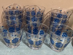 Anchor Hocking Royal Blue “Fleur-De-Lis” MCM Old Fashioned Glasses Set Of 12