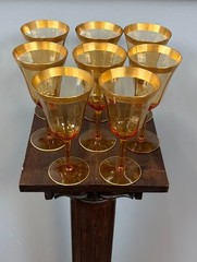 Vintage Amber Wine Glasses, Gold Rim Goblets, Hollywood Regency Barware Set
