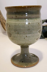 Pottery Studio Art Wine Glass Olive Leaf – Beige, Green & Brown Inside Signed
