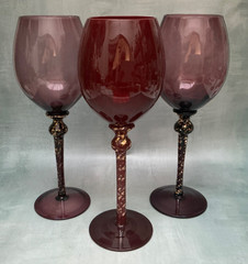 Set/3 Bombay Ruby and Amethyst Wine Glasses Gold Fleck Stem 11 1/2”