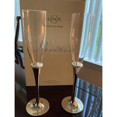 Pr Lenox Toasting Flutes Silver Stem Rhinestone Studded Band Wedding New Box