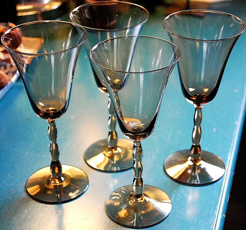 Vtg Set 4 BROWN SMOKE Hand Blown Wine Glasses W Waved Stems 6 3/8″ MCM 1960s