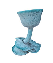 Artisan Art Pottery Turquoise Blue Lily Flower Crackled Glaze 6.5″ Goblet Vase