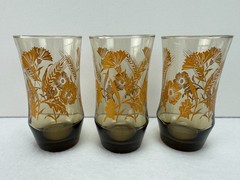 Vintage Libbey Amber Marigold Floral Wheat Glasses Tumblers 5 1/2″ Tall Set of 3