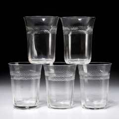 Vtg Etched Crystal Leaf Border Flared Optic Thin Tumbler Juice Drinking Glass 5p