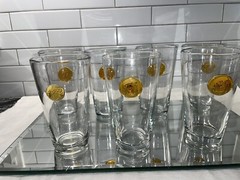 Unique Hand Blown Beer Glasses ~ Set of 7 ~ Amber Leaf Medallion