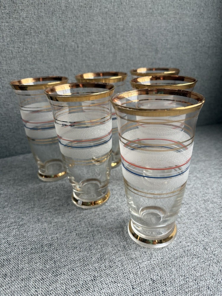 6 Vtg 50s Graniteware Highball Cocktail Glass Tumbler Red White Blue Gold 6” MCM