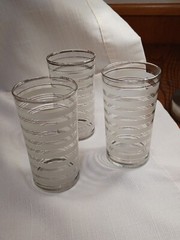 3 Vintage Highball Glasses -1940s. White etching, silver striping. Unique find!