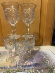 Antique EAPG Indiana Glass Daisy & Button Narcissus Goblets Hex Foot Set 5 c1910