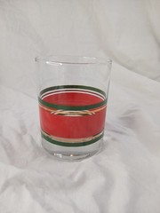 Vintage Red Green Gold Striped Lowball Glass | Christmas Holiday Barware