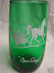 6 OLD FLOCKED GREEN TUMBLERS Bicycle for Two / Open Sleigh / Gas Buggy / Hansom