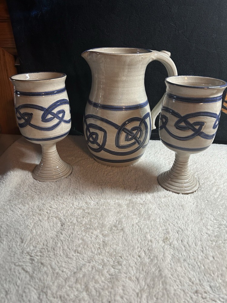 2 Studio Art Pottery Goblets And Matching Pitcher Chalice Blue Celtic Design