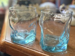 Vintage Set 2 BORMIOLI ROCCO Aqua Blue WHISKEY GLASSES/Tumblers 4.25 In Tall