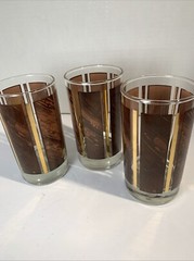 MCM Vtg Libby Hiball Tall Tumbler Glasses Set (3) Wood Grain Gold Blocks Barware