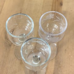 Vtg 3 MCM Hand Blown Cordial Glasses, Petite, Toscany Floral Etched Dessert