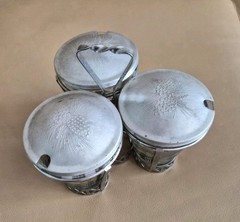 Mid-Century Glass & Aluminum Vintage Condiment 3 Glasses Set w/ Caddy & Lids