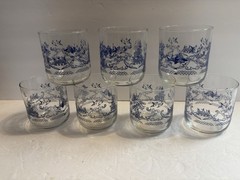 VTG 7 – Blue Willow Drinking Glasses Tumblers Asian Temple 10 oz