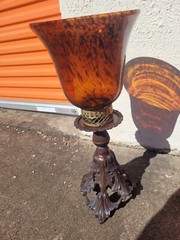 Large 23″ Tall Amber Tortoise Shell Glass VASE/Candle Holder. HEAVY Brass BASE