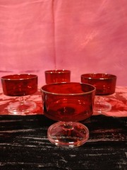 Ruby Red with clear stems glassware, 4 custard & 6 cordial set PERFECT CONDITION