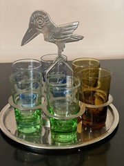 VTG FABERWARE Raven Cordial Glass Holder w/6 Etcher Glasses in 3 Colors Brooklyn