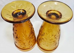 2 Vtg Indiana Glass Tiara Sandwich Amber Pattern Footed Water Goblets 6.25″T