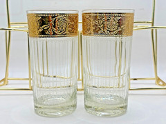 Culver Glass 22K Gold 8 Highball Caddy Set Vintage Retro Barware Tyrol MCM