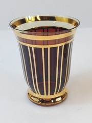 VTG MCM Art Deco Czech 3 Cocktail Glasses Gold Stripes Modernist Dark Amber Red