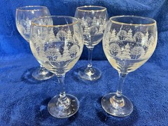 Set Of 4 Winter/Christmas Stemware Wine Glasses 24k Gold Rim