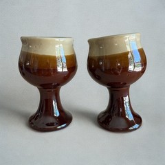 Vintage Drip Glaze Pottery Goblets Wine Glasses Brown Beige Set of 4 Ceramic